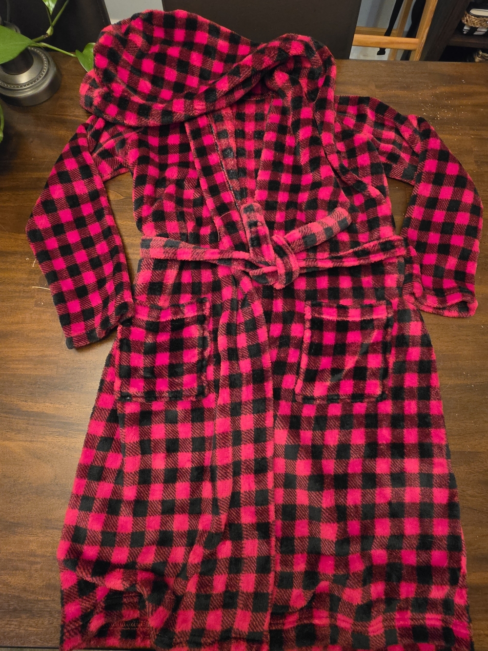 Lands' End Kids Fleece Hooded Robe Size 14 Red Black Buffalo Plaid